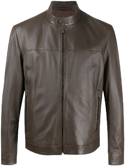 Hugo Boss Band Collar Leather Jacket In Brown