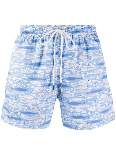 Fedeli Fish Print Swim Shorts In Blue