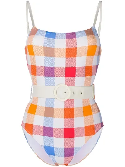 Solid & Striped Check Print Belted Swimsuit In Orange