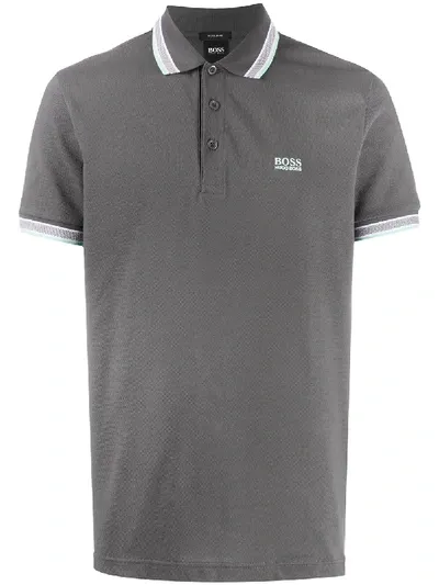 Hugo Boss Striped-collar Polo Shirt In Grey