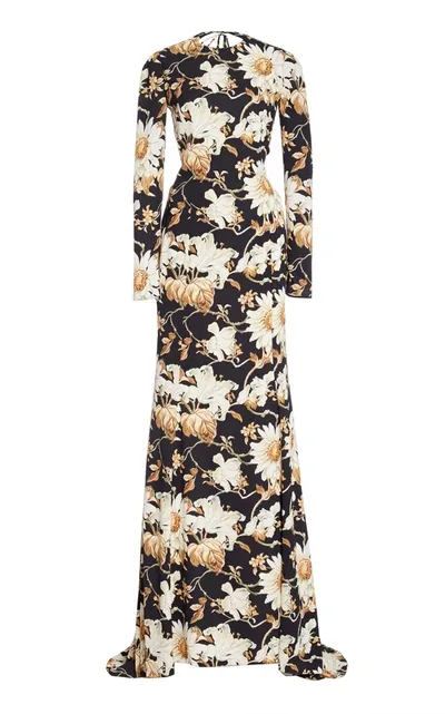 Oscar De La Renta Floral-print Crepe Maxi Gown In Black