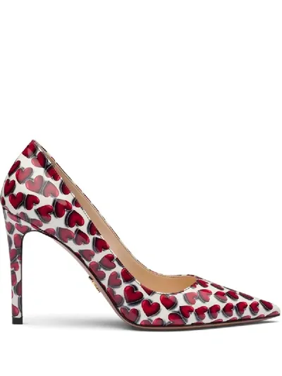 Prada Hearts Print 100mm Pumps In Red