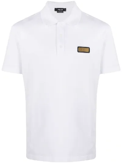 Versace Men's Polo Shirt W/ Metal Logo Plaque In White