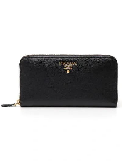 Prada Logo Plaque Zip Around Wallet In Black