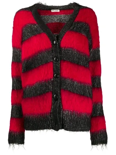 Saint Laurent Striped Lurex Detail Cardigan In Red,black,grey