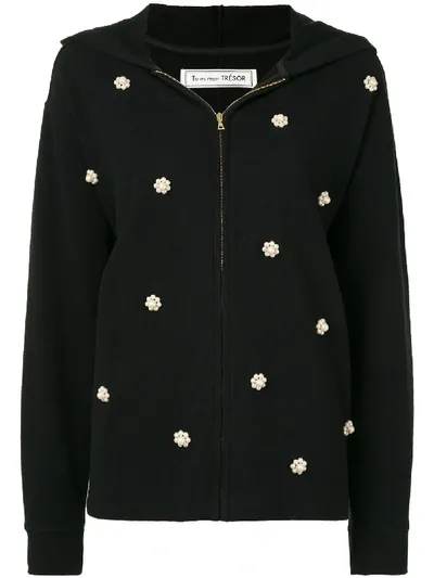 Tu Es Mon Tresor Pearl Flower Hoodie In Schwarz