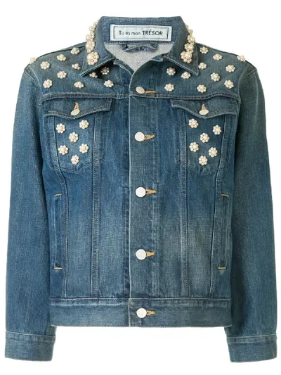 Tu Es Mon Tresor Pearl Flower Denim Jacket In Blau