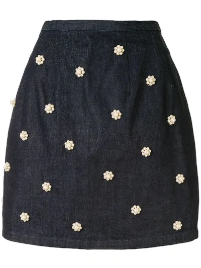 Tu Es Mon Tresor Faux-pearl Embellished Denim Skirt In Schwarz