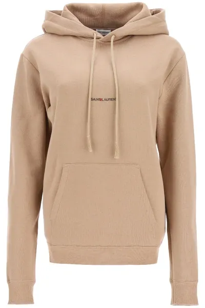 Saint Laurent Logo Print Hoodie In Brown