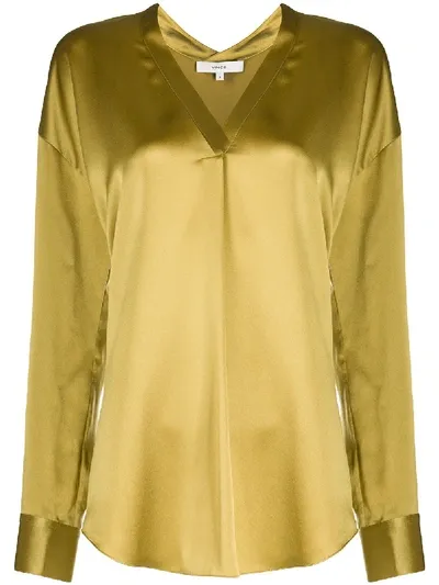 Vince V-neck Silk Blouse In Yellow