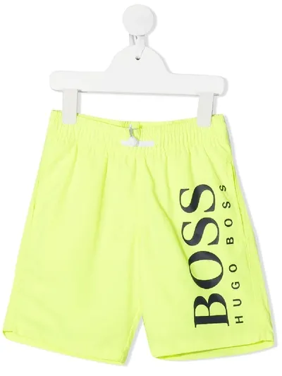 Hugo Boss Kids' Logo Print Swim Shorts In Yellow