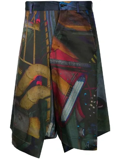 Comme Des Garçons Homme Deux Printed Asymmetric Shorts In Green