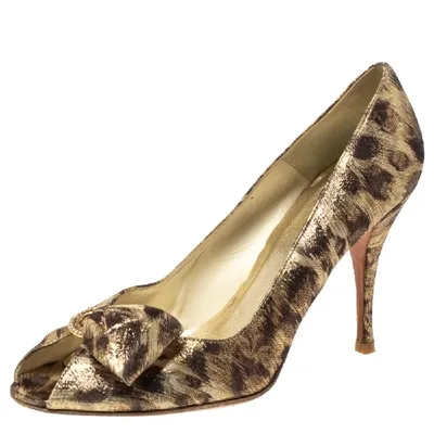 Pre-owned Stuart Weitzman Metallic Lamé Fabric Leopard Print Bow Peep Toe Pumps Size 39.5