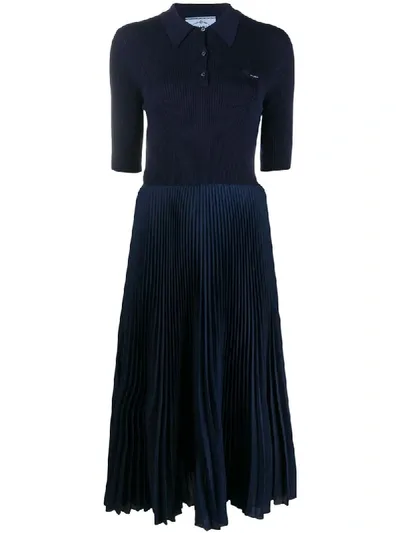 Prada Knitted Pleated Midi Dress In Blue