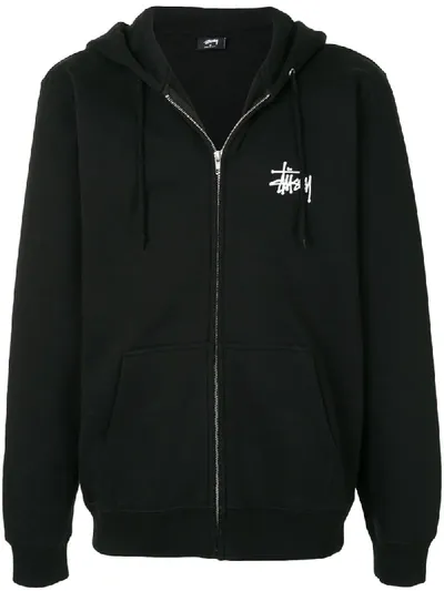 Stussy Long Sleeve Zipped Logo Hoodie In Black