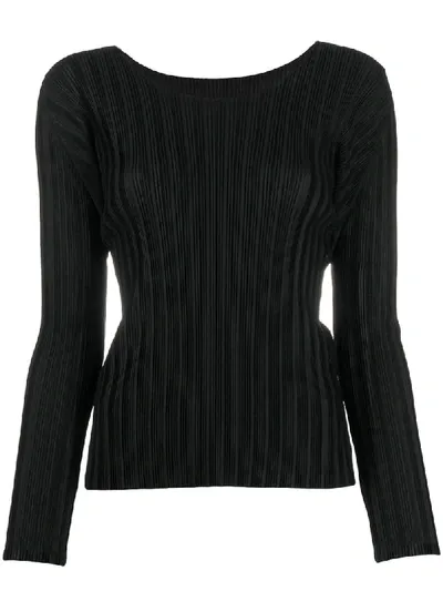 Issey Miyake Scoop Neck Pleated Knit Top In Black