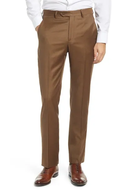 Santorelli Roma Flat Front Wool Dress Pants In Tobacco