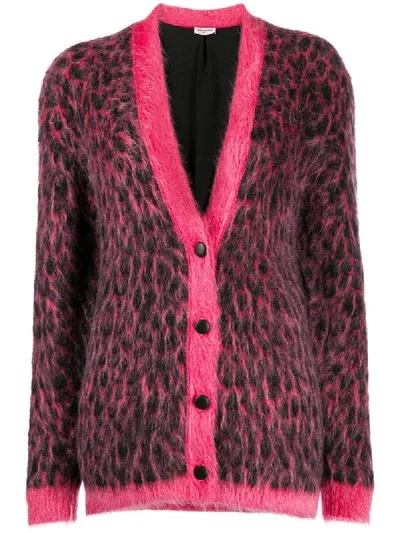 Saint Laurent Brushed Leopard-print Wool Cardigan In Pink