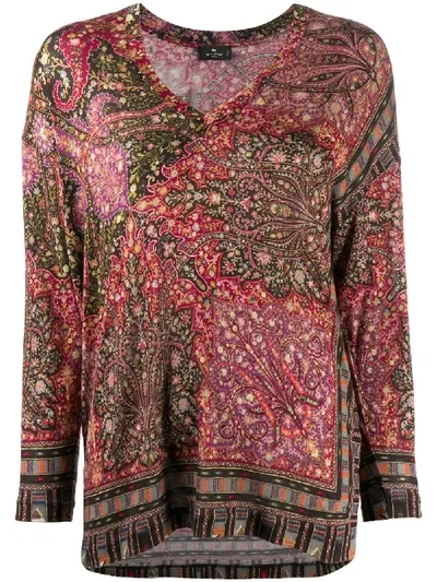 Etro Paisley Print V-neck T-shirt In Pink