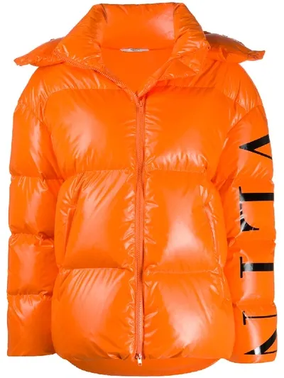 Valentino Vltn-print Padded Jacket In Orange