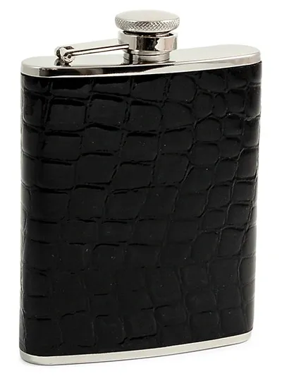 Bey-berk Stainless Steel & Leather Flask In Black Silver