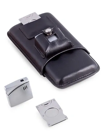 Bey-berk Men's 3-piece Leather Cigar Holder, Stainless Steel Cutter & Lighter Set In Black