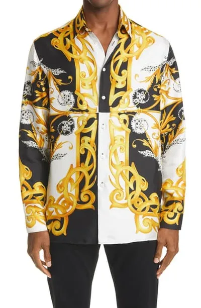 Versace Barocco Acanthus Print Silk Shirt In White