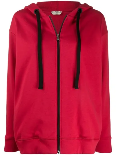 Fendi Printed Karligraphy Motif Zip-up Hoodie In Red