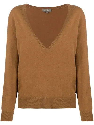 N•peal V-neck Ribbed Knit Sweater In Brown