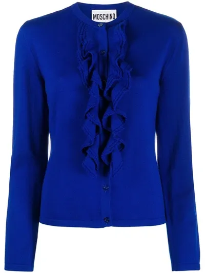 Moschino Ruffle Trim Knitted Cardigan In Blue