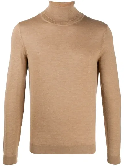 Hugo Boss Roll Neck Virgin Wool Jumper In Medium Beige