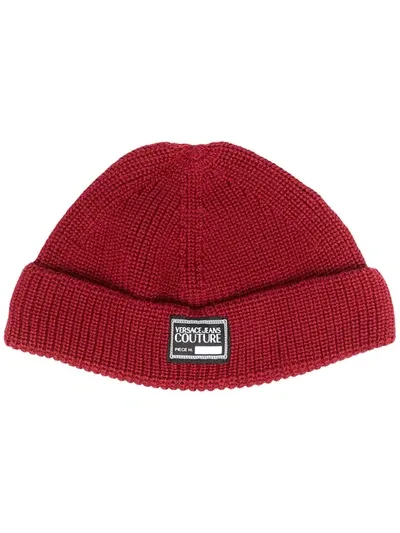 Versace Jeans Couture Knitted Logo Patch Beanie In Red