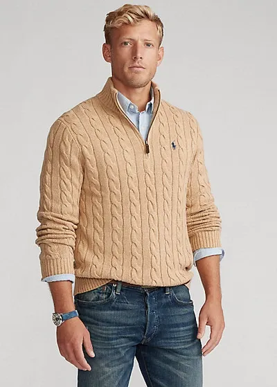 Polo Ralph Lauren Driver Icon Logo Half Zip Roving Cotton Cable Knit Sweater In Camel Heather-neutral