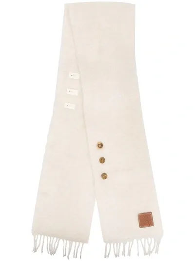 Loewe Anagram Fringed Buttoned Scarf In Neutrals