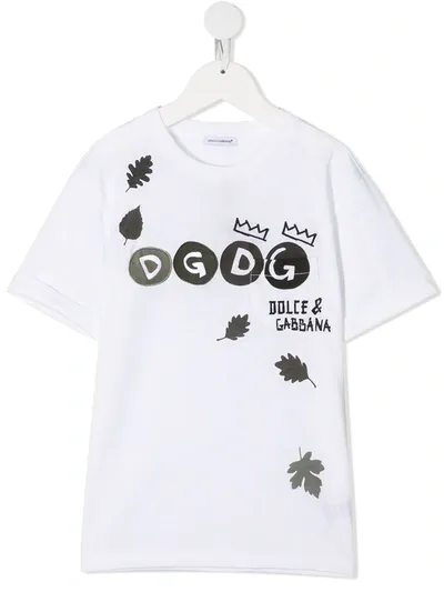 Dolce & Gabbana Kids' Jersey T-shirt With Leaves Print And Logo Patch In White