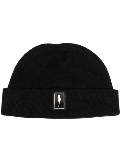 Neil Barrett Thunderbolt Patch Beanie In Black