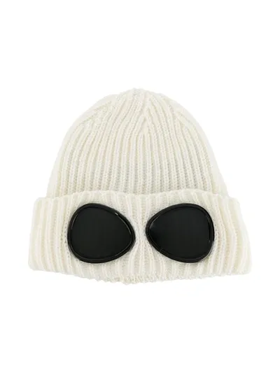 C.p. Company Kids' Ribbed Goggle Beanie In White