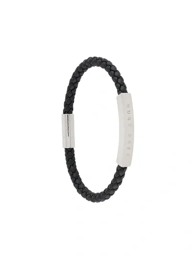 Hugo Boss Woven Leather Bracelet In Black