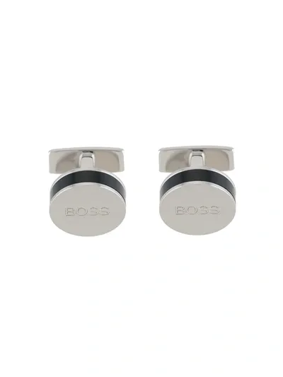 Hugo Boss Circular Logo-debossed Cufflinks In Silver