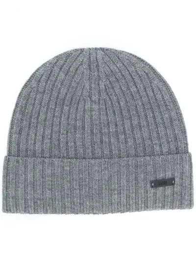 Hugo Boss Ribbed Knit Beanie In Grey