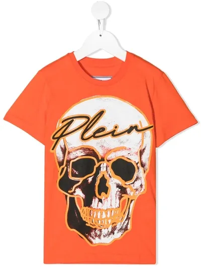 Philipp Plein Kids' Hexagon Logo Plaque T-shirt In Orange