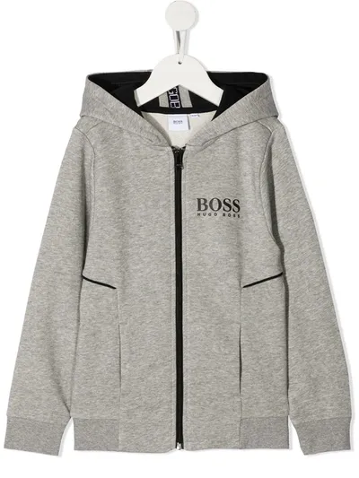 Hugo Boss Kids' Logo-print Zipped Hoodie In Grey