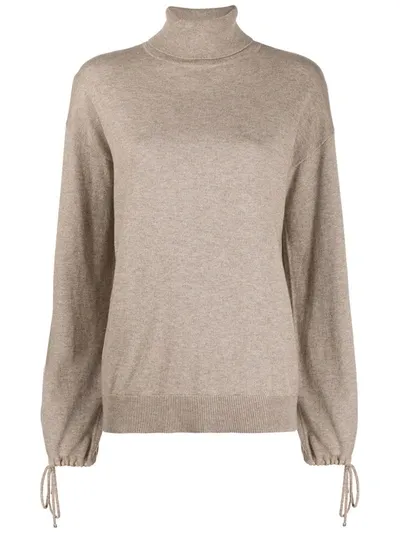 Hugo Knitted Roll Neck Jumper With Drawstring Sleeves In Neutrals