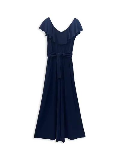 Un Deux Trois Kids' Girls' Self-tie Belted Wide-leg Jumpsuit In Navy