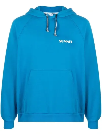 Sunnei Logo Print Pouch Pocket Hoodie In Blue