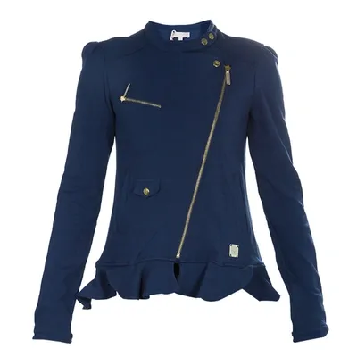 Pre-owned Roberto Cavalli Angels Navy Blue Frill Detail Biker Jacket 12 Yrs