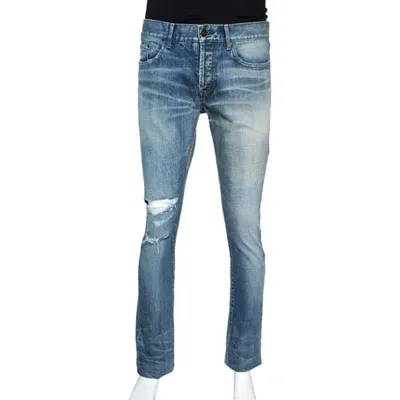 Pre-owned Saint Laurent Indigo Washed Denim Distressed Slim Fit Jeans S In Blue