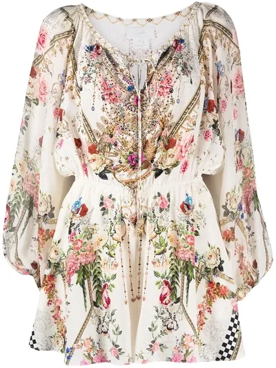 Camilla Floral-print Silk Playsuit In Neutrals