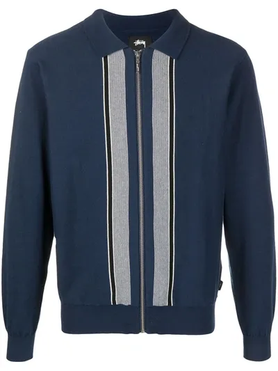 Stussy Striped Panel Cotton Cardigan In Blue