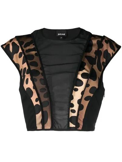 Just Cavalli Animal Print Insert Cropped Top In Black In Brown